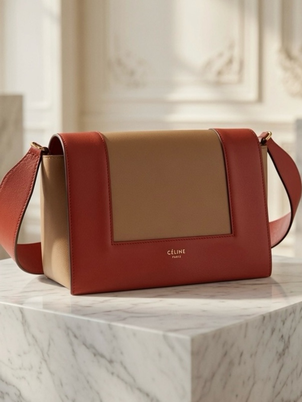 Celine Great Condition Two-Tone Tan and Rust Leather Shoulder Bag